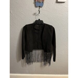 Zara Black Jacket Women Size XS Cropped Blazer Fringed